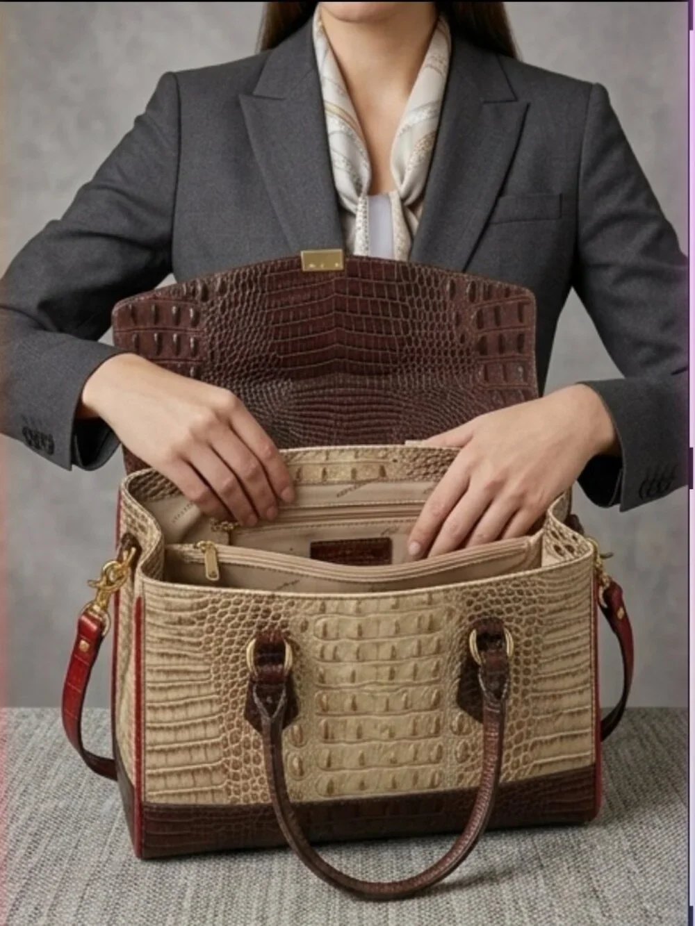 🤍 Brahmin Tri-Color Croc Embossed Leather Shoulder Satchel/Crossbody - Picture 5 of 13